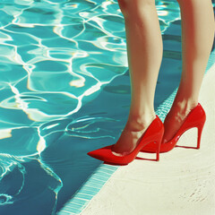 Photo of a woman's legs and bright red high heels pointed shoes standing by the pool. 1990s style.  Bright pastel colors.  Pop inspo style.