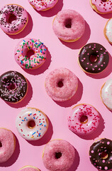 Pink donuts, chocolate donuts, white donuts with sprinkles on pink background. Pop art inspired. Pattern. Sweet girl cosmetic backdrop.