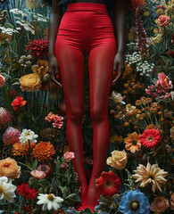 Red tights with flowers, in the style of conceptual installations. Naturalistic color palette, odd juxtapositions. Spring fashion concept.