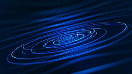 Technology background. Abstract circular wave of particles. Futuristic abstract waves, glowing mesh curves, dynamic flow. Visualization of sound waves. 3D rendering.