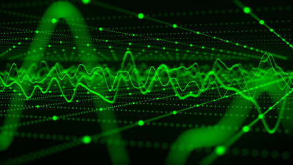 Technology background. Abstract circular wave of particles. Futuristic abstract waves, glowing mesh curves, dynamic flow. Visualization of sound waves. 3D rendering.