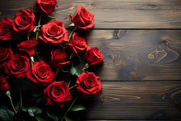 Beautiful fresh red roses on wooden background with place for text. Elegant love and passion concept for Wedding, Birthday, Women's, Valentines and Mother's Day
