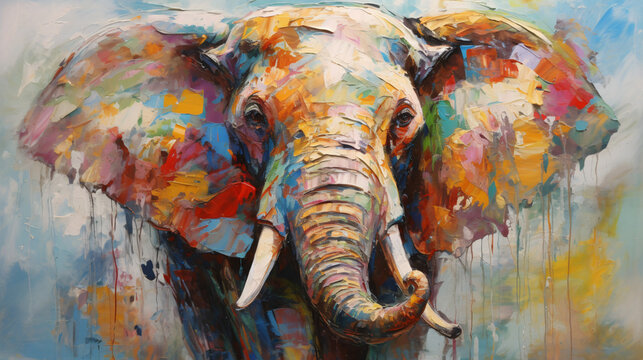 Original oil painting. Drawn multicolored elephant. 