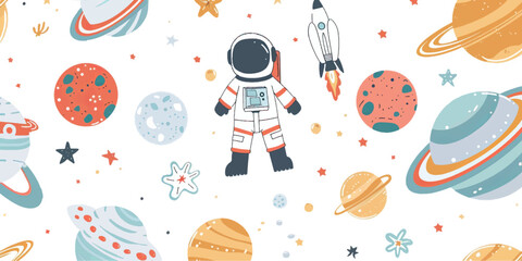 Astronaut, planets and stars, rocket, meteor. Seamless pattern on white background. Vector illustration in vintage style. cute cartoon design White background