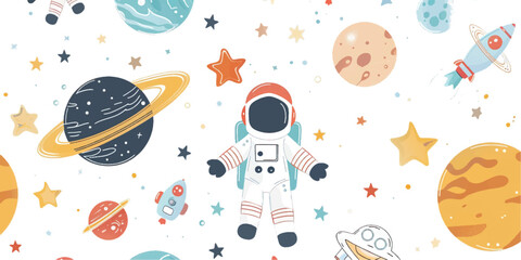 Astronaut, planets and stars, rocket, meteor. Seamless pattern on white background. Vector illustration in vintage style. cute cartoon design White background