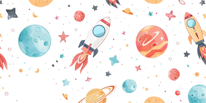 Astronaut, planets and stars, rocket, meteor. Seamless pattern on white background. Vector illustration in vintage style. cute cartoon design White background