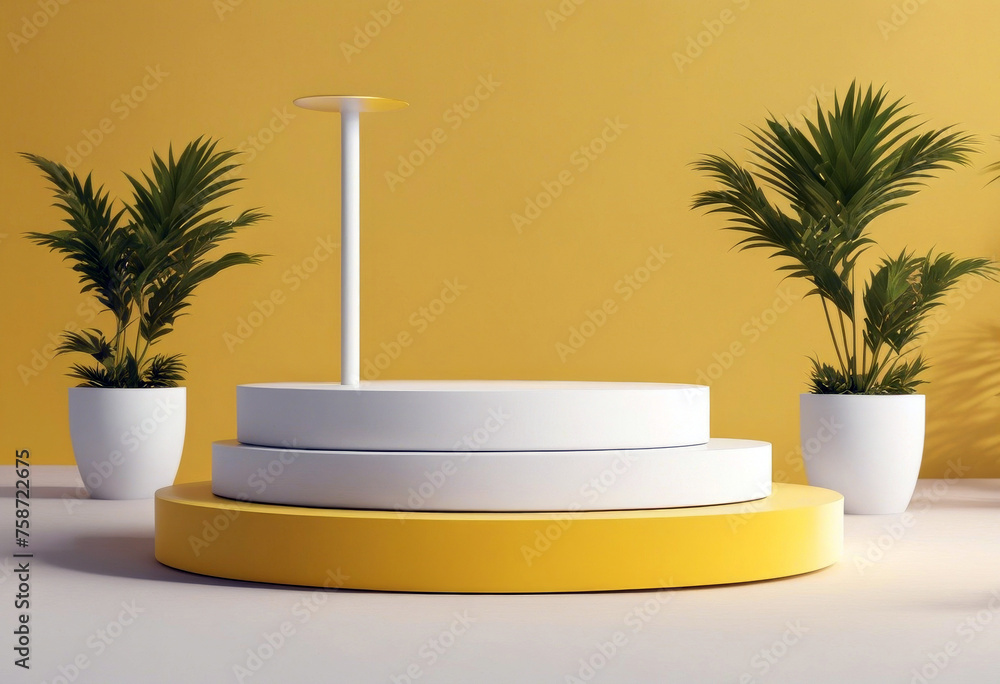 Poster vivid 3d stand showing blank pedestal empty podium shelf product yellow summer style splay minimal b