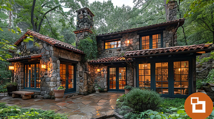 Charming stone cottage with lit windows nestled in a lush forest setting at dusk. - obrazy, fototapety, plakaty