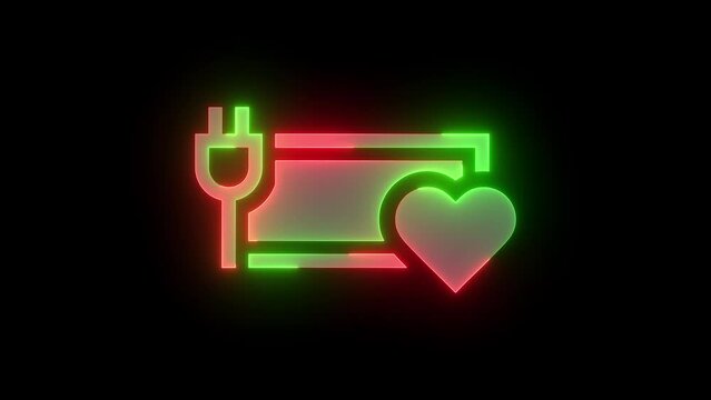 Neon heart love battery full charge icon green red color glowing animation black background