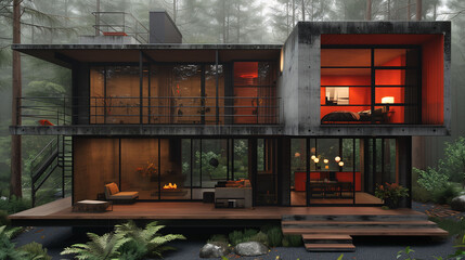 Modern house with illuminated interiors in a forest at dusk.