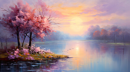 Original oil painting of beautiful spring landscape 
