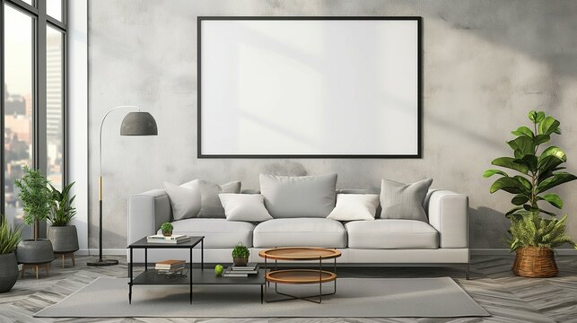 Photo frame neck up. Comfortable sofa and white tone minimalism. Apartment home interior Modern living room