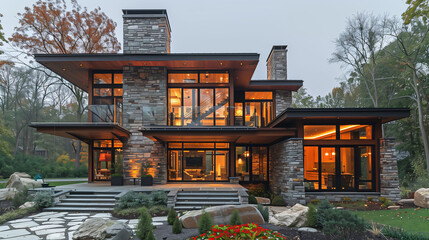 Modern luxury house with illuminated windows at dusk, featuring stone and wood exterior, surrounded by trees.