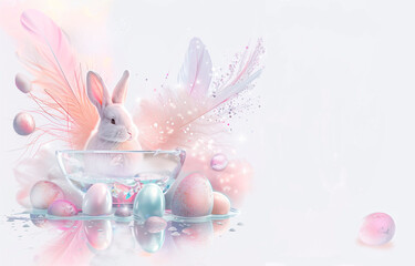 Happy Easter Holiday background. Festive design with realistic decoration elements. Easter bunny and eggs. Template Banner, flyer cover, greeting card