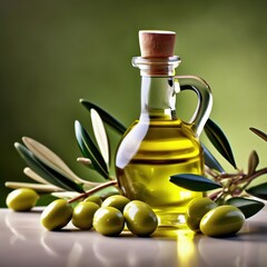 olive oil in a glass bottle, next to it are sprigs of olives