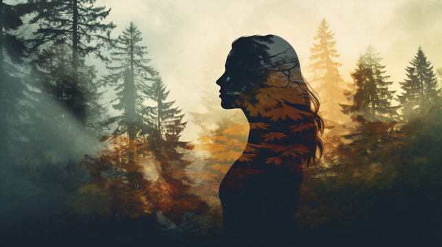 Painting of double exposure concept with lady portrait