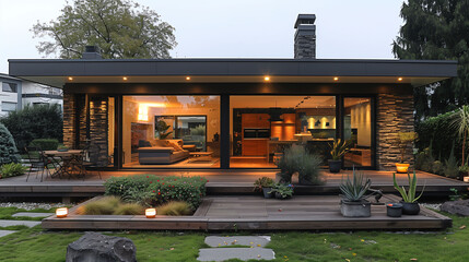 Modern house exterior at dusk with illuminated interior, large windows, and wooden deck. - obrazy, fototapety, plakaty