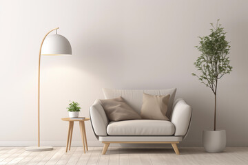 Salon avec un canapé gris clair beige dans un style scandinave. Pièce claire et lumineuse avec une grande plante et une lampe sur pied. 
