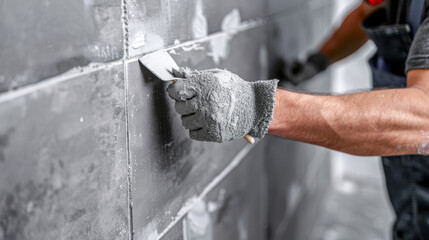A builder specialist tiler applies a mortar with a spatula to seal the fugue on the tiles, a concept for the renovation of apartments and offices - obrazy, fototapety, plakaty