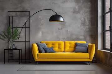 Salon avec un canapé jaune et une lampe design et une plante. Fond brut béton, environnement...