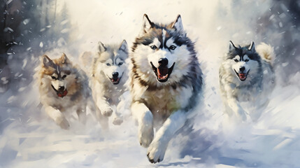 Painting with dogs running in the snow. Huskies 