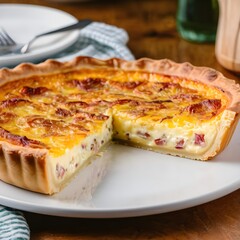 La Quiche Lorraine, une sp&eacute;cialit&eacute; culinaire embl&eacute;matique de la r&eacute;gion de Lorraine en France, est une d&eacute;licieuse tarte sal&eacute;e compos&eacute;e d'une p&acirc;te bris&eacute;e garnie d'un m&eacute;lange g&eacute;n&eacute;reux d'&oelig;ufs, de cr&egrave;me.