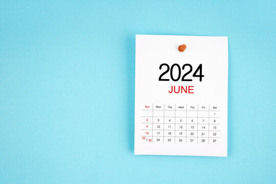 June 2024 calendar page with push pin on blue background.
