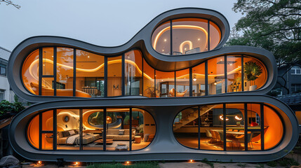 Obraz premium Modern architectural building with unique wavy design and illuminated interiors at dusk.