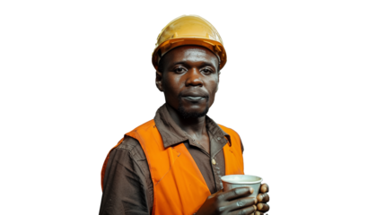 Blue collar worker with cup of coffee, isolated on transparent background