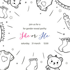 Gender reveal party invitation template. Baby shower, boy or girl. Vector card, cover with Doodle elements