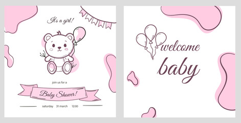 baby shower invitation template with doodle element and typography design in hand draw style. vector