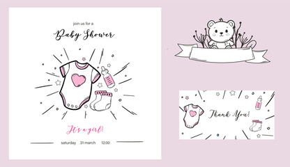 baby shower template for cover, card, banner with doodle element and typography design in hand draw style. thank you reception card