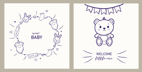 baby shower template for cover, card, banner with doodle element and typography design in hand draw style. vector