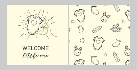 hand draw baby shower invitation templates, pattern, with doodle sketch for card, cover, banner. vector. 