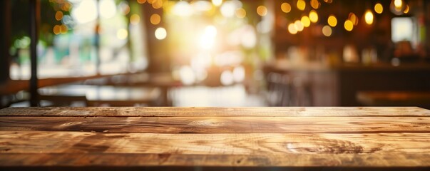 Wooden table  in front of a blurred background of restaurant lights - obrazy, fototapety, plakaty