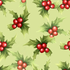 Christmas Holly seamless pattern on green background - 758724850