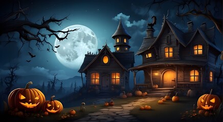 Fototapeta na wymiar Halloween night scene with moon, Halloween night scene with pumpkin, Hunting house, illustration