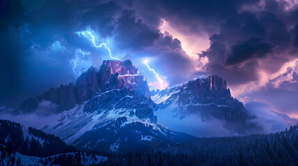 Photo of a dramatic mountain landscape with stormy clouds