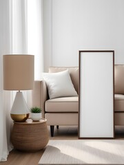 Mockup poster frame in minimalist modern living room interior background, interior mockup design