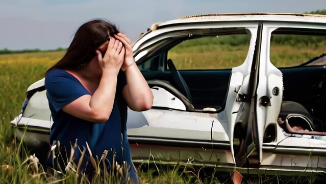 Woman in despair covers face with hands near dismantled and abandoned car in field. Car theft.
