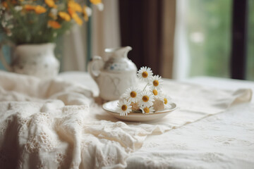 Fototapeta na wymiar Chamomile flowers bouquet on the table. Cottagecore aesthetics