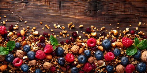 Gooseberries blueberries mulberry raspberries red currants isolated homemade granola with milk breakfast wooden table background  - obrazy, fototapety, plakaty