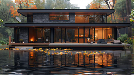 Modern luxury house with large windows, illuminated at twilight, reflecting on tranquil water with forest background.