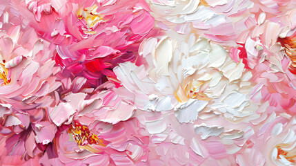 Pink and white peony background. Oil painting