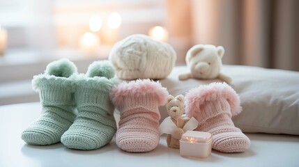 Soft baby accessories knitted image background. Pastel green and pink booties close up picture wallpaper. Little kid clothes closeup photo backdrop. Babyhood concept photography