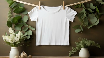 Blank white tshirt mockup on brownish green background. Fresh greenery. Eco-friendly t shirt clothing composition. Short sleeve apparel template front view. Natural concept image - obrazy, fototapety, plakaty