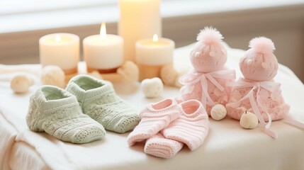 Knitted baby booties with candles image background. Knitting dolls candlelight close up picture wallpaper. Little kid clothes closeup photo backdrop. Babyhood concept photography