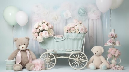 Vintage-style pram adorned with soft roses image background. Serene baby shower ambiance photography wallpaper. Cuddly bears, pastel balloons picture scene. Babyhood concept photo