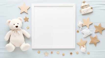 Accented with plush bear, stars crisp white frame mock up. Soft nursery decorations pictureframe mockup with blank space. Babyhood concept composition top view, border picture