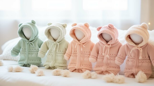 Pastel-toned baby hoodies dolls on bed image background. Soft pompoms close up picture wallpaper. Warmth and comfort knitted apparel closeup photo backdrop. Babyhood concept photography